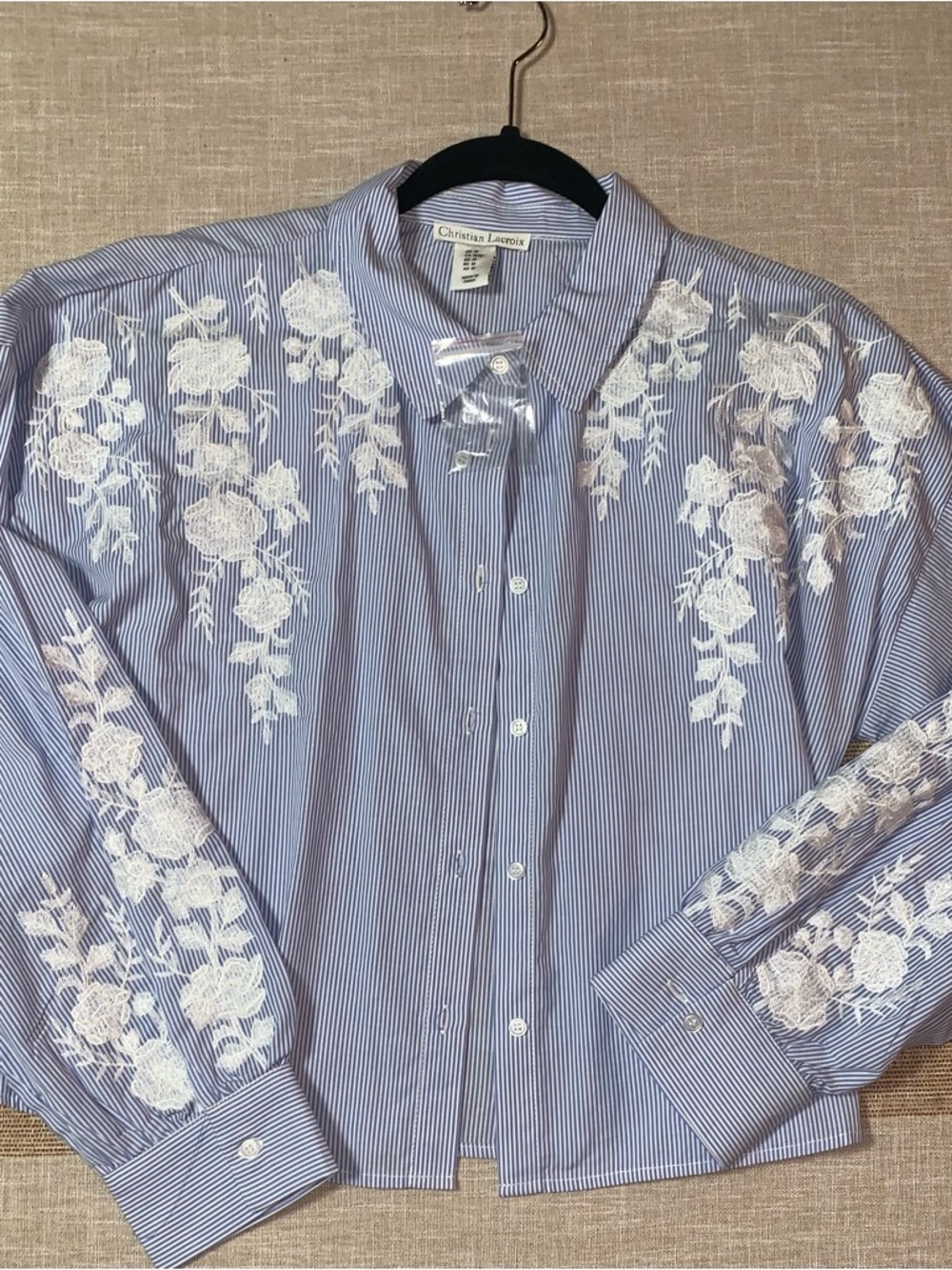 Christian Lacroix Blue Pinstripe Button-Down with White Floral Embroidery